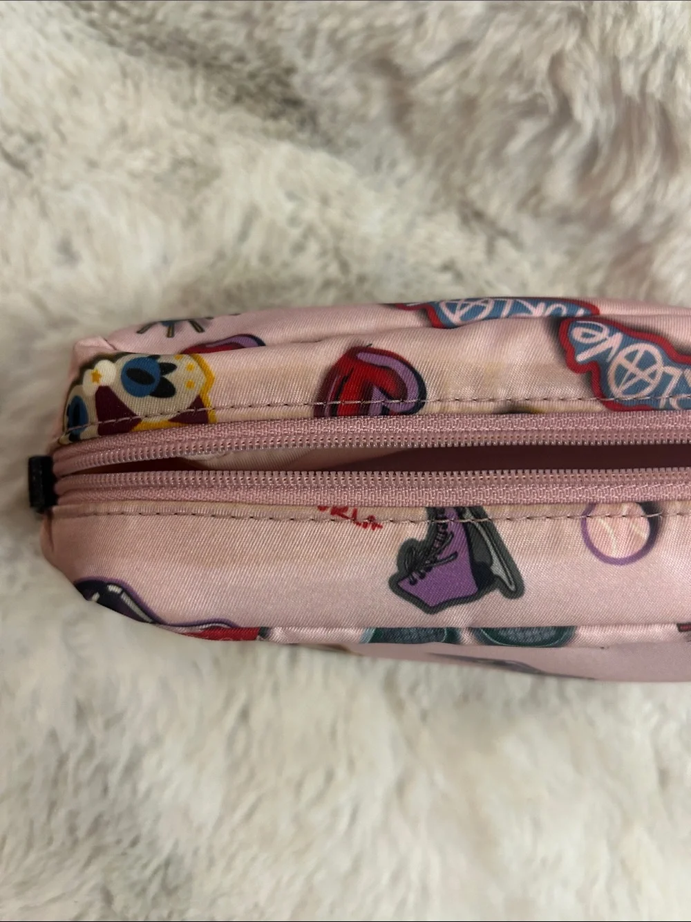 Furla Seasonal pink sticker print canvas clutch, cosmetic bag with mirror/strap